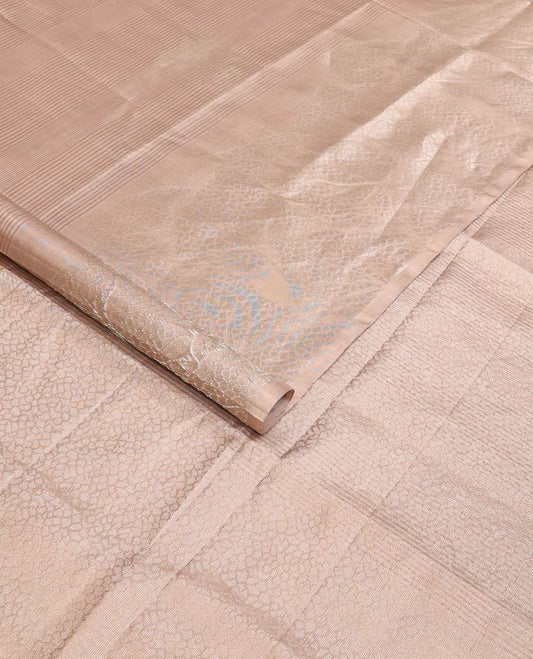 Light sandal striped and bird buttas woven soft silk saree, leaf textures sparsely zari woven border, and zari design pallu