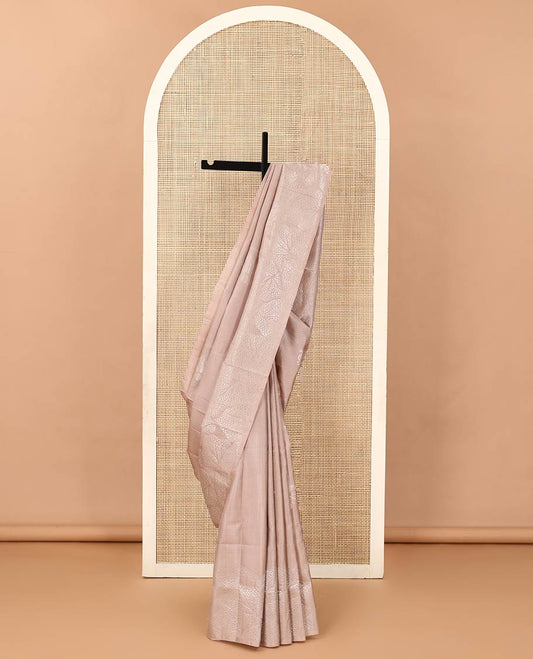 Light sandal striped and bird buttas woven soft silk saree, leaf textures sparsely zari woven border, and zari design pallu