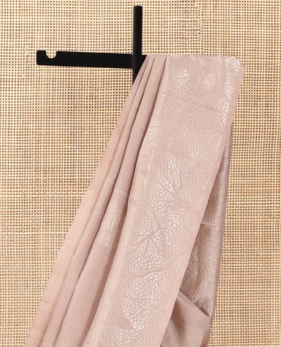 Light sandal striped and bird buttas woven soft silk saree, leaf textures sparsely zari woven border, and zari design pallu