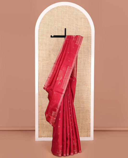 Red Mayuri Soft Silk Saree, Decked Up with Buttas and Swan Buttas on Its Body, Highlighted by Zari Piping Border, Pallu of Geometric Designs, and Paired with Matching Blouse