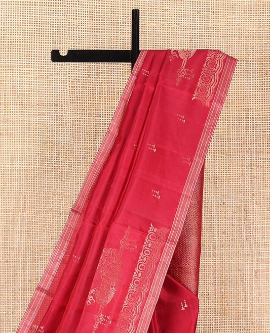 Red Mayuri Soft Silk Saree, Decked Up with Buttas and Swan Buttas on Its Body, Highlighted by Zari Piping Border, Pallu of Geometric Designs, and Paired with Matching Blouse