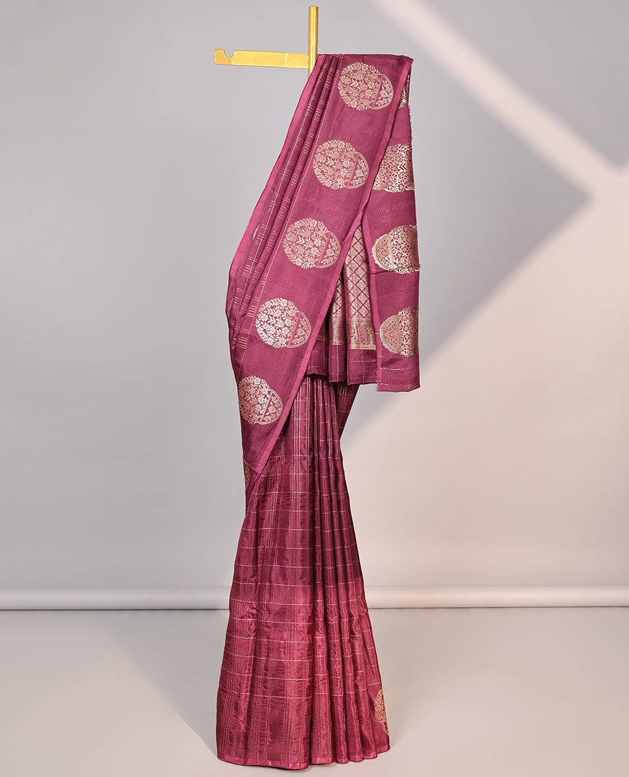Maroon checked mushru silk saree with self-floral border & argyle design pallu