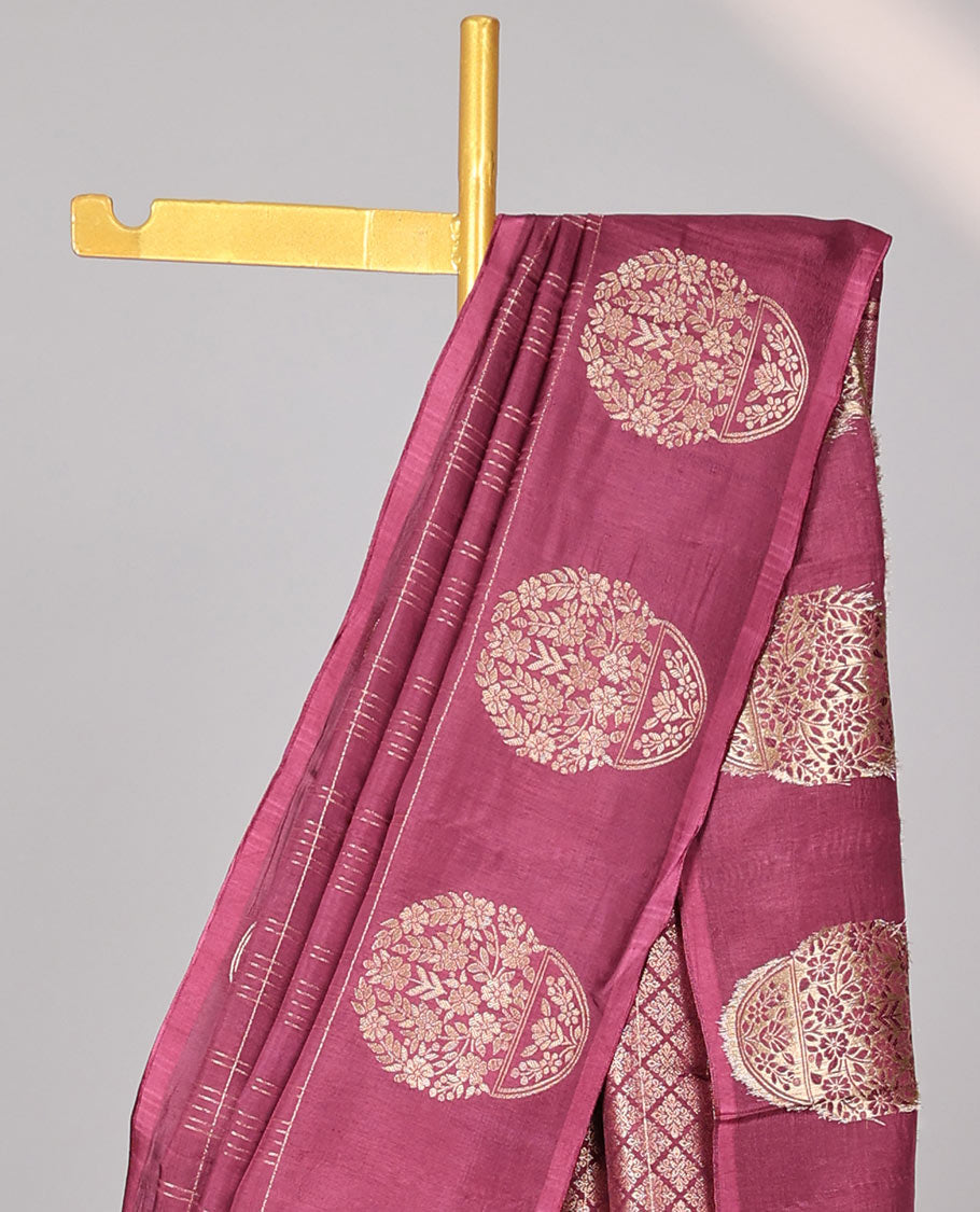 Maroon checked mushru silk saree with self-floral border & argyle design pallu