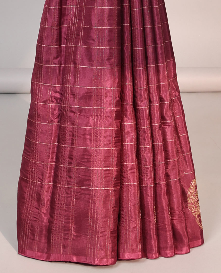 Maroon checked mushru silk saree with self-floral border & argyle design pallu