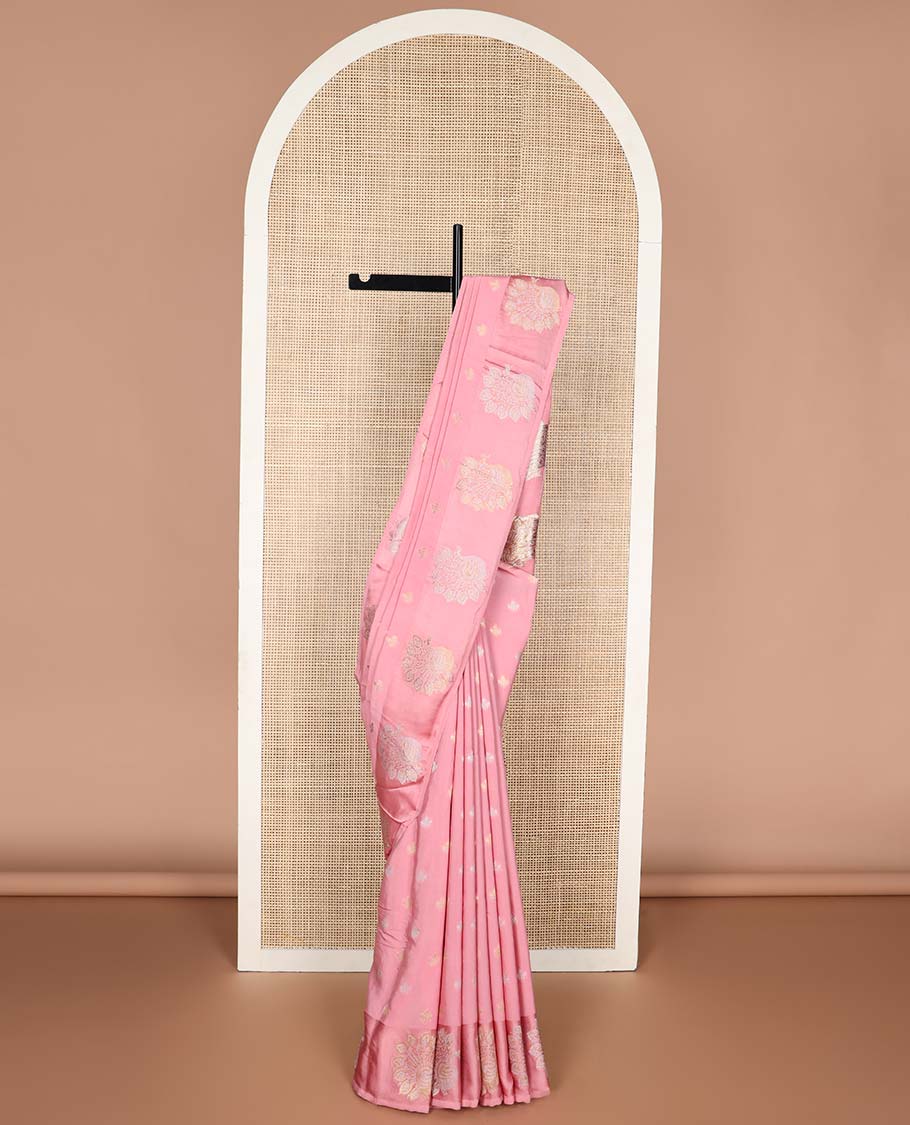 Pink floral motifs mushru silk saree with self floral design border & floral jaal design pallu