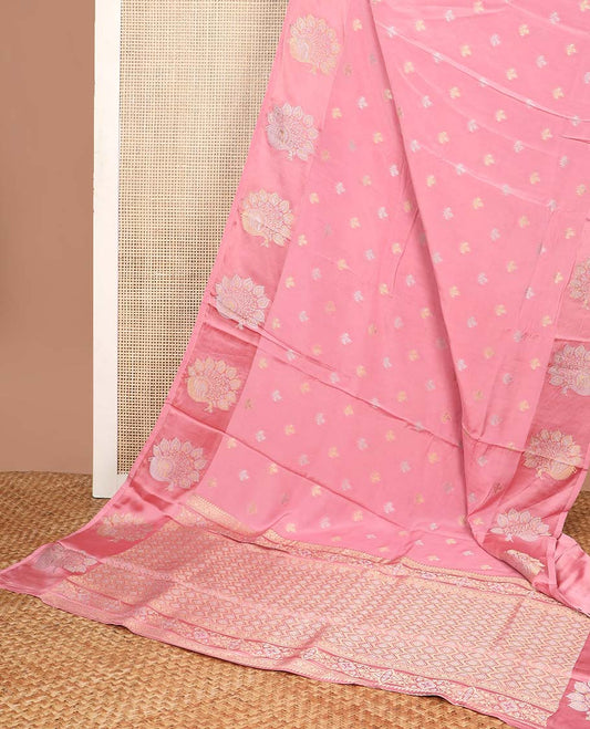 Pink floral motifs mushru silk saree with self floral design border & floral jaal design pallu