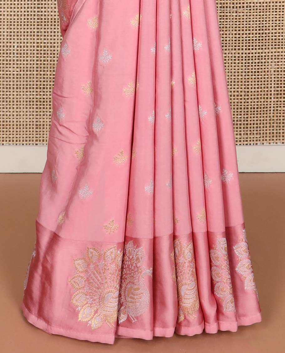 Pink floral motifs mushru silk saree with self floral design border & floral jaal design pallu