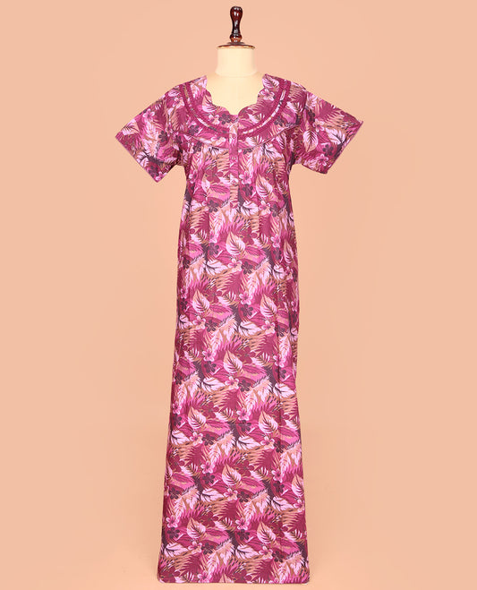 Purple Cotton Nighty Bedecked with Tropical Floral Print, Featuring Lace Work, Scallop Front Neck, and Half  Sleeves