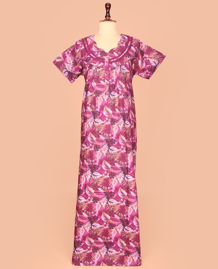 Purple Cotton Nighty Bedecked with Tropical Floral Print, Featuring Lace Work, Scallop Front Neck, and Half  Sleeves