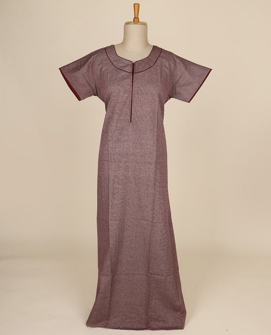 Brown floral printed round neck cotton half-sleeve nighty