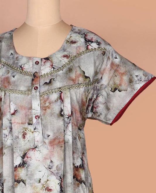 Grey abstract floral printed with round neck half-sleeve nighty