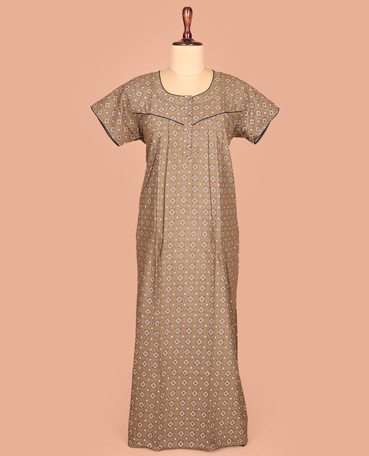 Brown Cotton Nighty Finely Printed with Diamond Patterns, Featuring Lace Work, Round Front Neck, and Half Sleeves