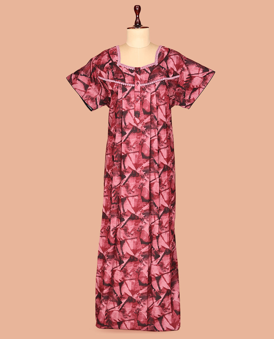 Red Abstract Print Cotton-Blended Nighty