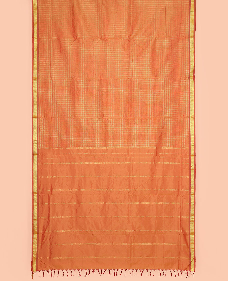 Orange Ten-Yard Art Silk Saree Bedecked with Micro-Checks, Subtly Sparkled with Traditional Zari Border, and Pallu of Zari Stripes