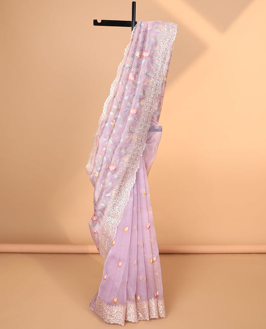 Lavender floral embroider organza saree with self floral embroidery, scallop border