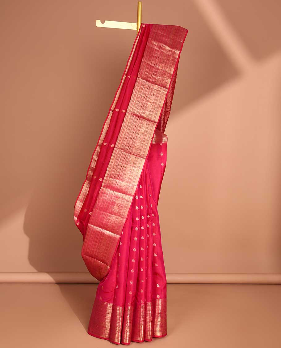 Red buttas vasundhara elite silk saree with contrast zari design border & pallu of intricate zari design