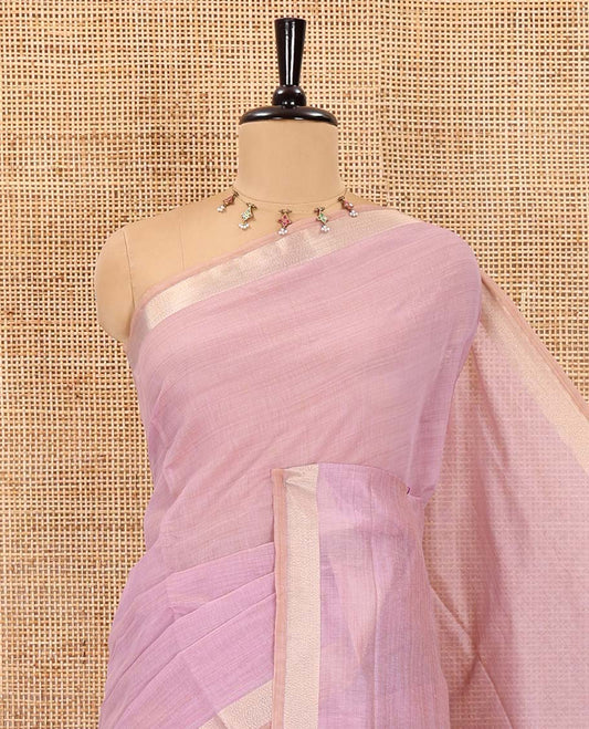 Lavender plain Munga cotton saree, gold zari piping boder, contrast pallu of multi-color jamdani weave, and contrast zari buttas blouse