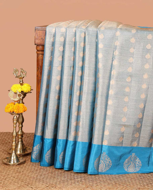 Blue zari butta design banaras tissue saree with butta border & rich brocade pallu along with running blouse