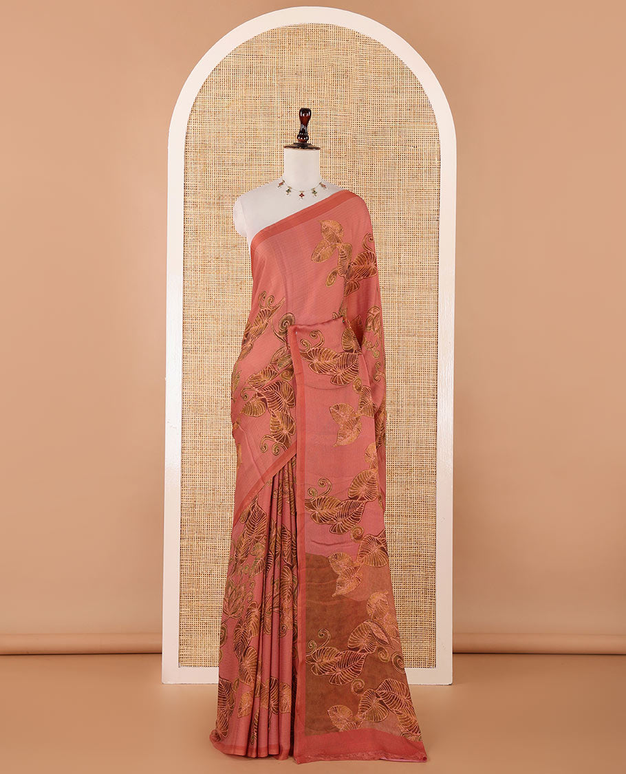 Borderless Maroon  floral digital print brasso saree with self pallu along with printed blouse