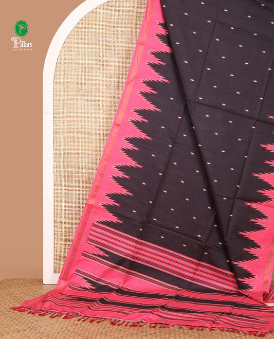 Black small butta design kathan silk saree with contrast temple border & striped, temple design pallu along with striped blouse