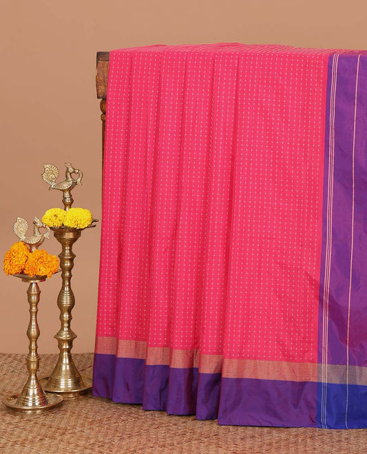 Rani pink thread butta semi soft silk saree with satin border & lining pallu along with plain blouse