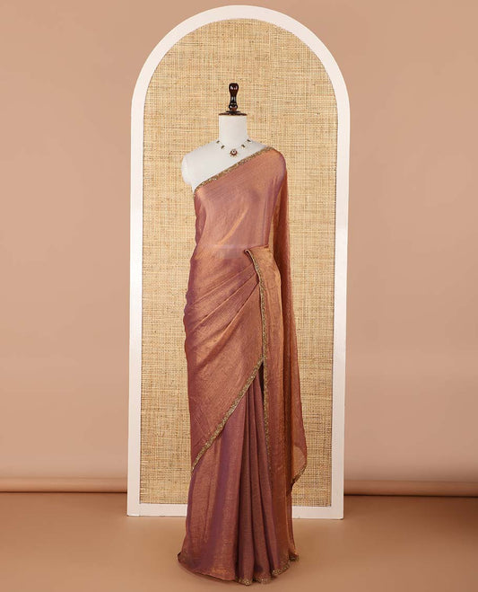 Pastel pink fendy chiffon saree with hand work border & self pallu along with hand work blouse