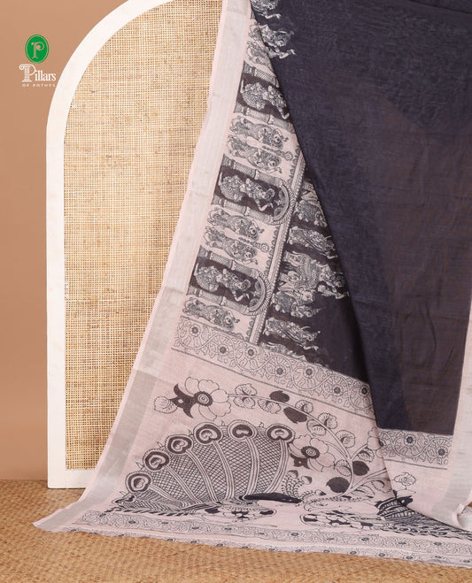 Black half-and-half kalamkari-style human figurines printed linen cotton saree, contrast bavanji border & peacock pallu