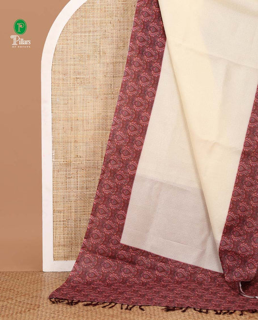 Cream plain design Kota checks saree with a contrast double-sided border & pallu of kalamkari-style motifs print, kalamkari printed blouse
