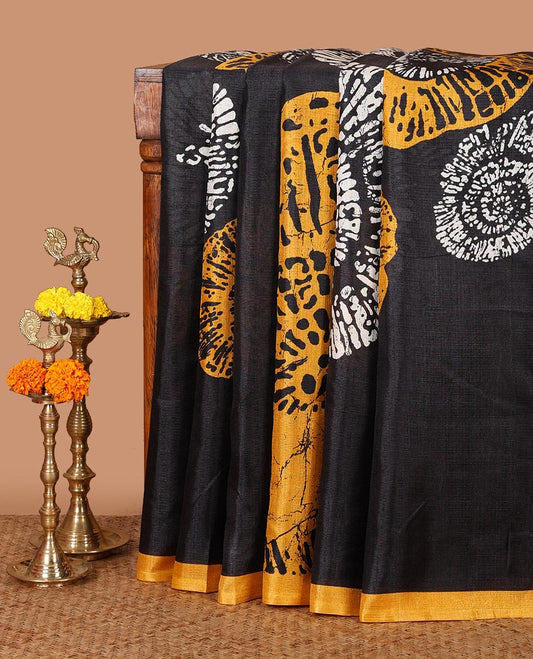 Black batik-style uniquely printed khadi cotton saree, contrast yellow piping border & printed pallu