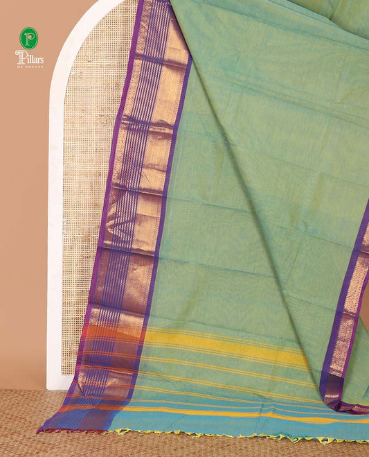 Green plain Chettinadu cotton saree,contrast rettai rettu traditional zari border,lining seer pallu & matching plain blouse