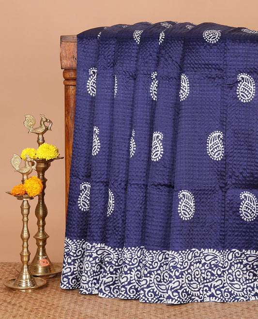 Navy blue mango motifs batik printed litch crushed saree, mango motif border, pallu of mango & geometric print & small butta print blouse