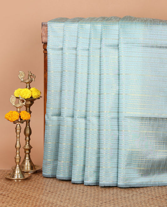 Borderless blue horizontal zari striped semi-raw silk saree, striped pallu & contrast plain blouse