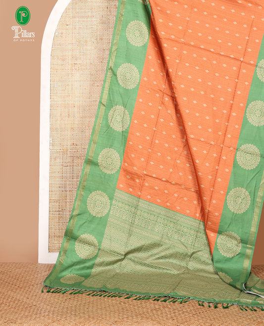 Orange stripes & thread buttas Kathan silk saree, contrast chakram motif border, jaal print pallu & contrast jaal print blouse