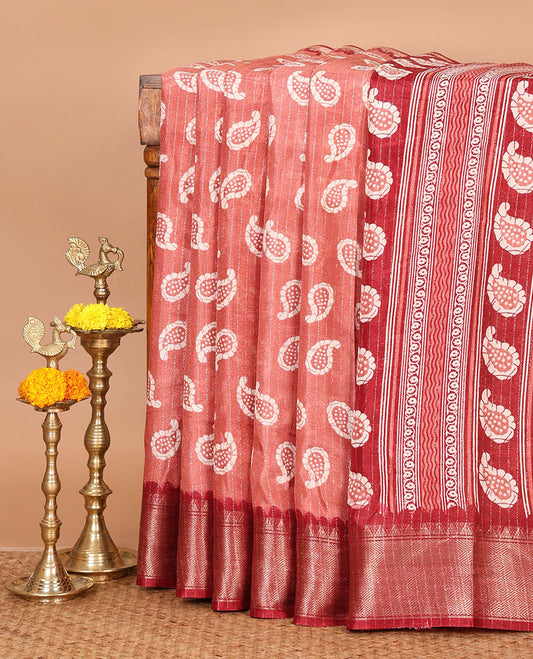 Pastel brown zari striped & batik-paisley dola silk saree,contrast traditional zari border,printed pallu & zari striped & butta print blouse