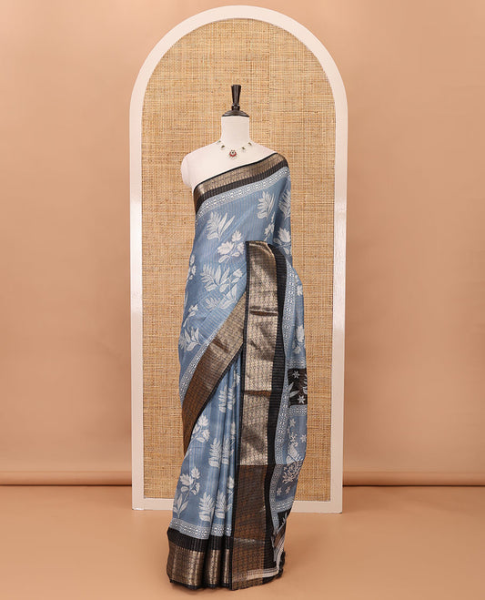 Blue zari striped & floral printed dola silk saree,contrast zari design border,floral-paisley print pallu, printed-zari-work blouse