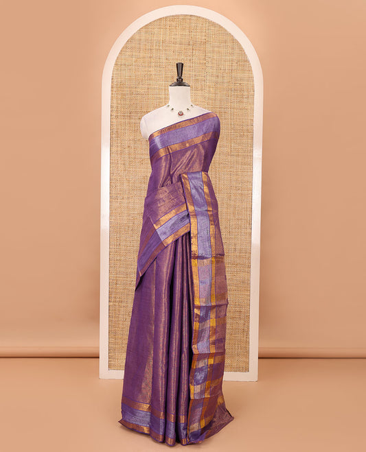 Purple gold zari tissue-style sungudi cotton saree, silver-lined border, silver-lined pallu & matching striped purple blouse