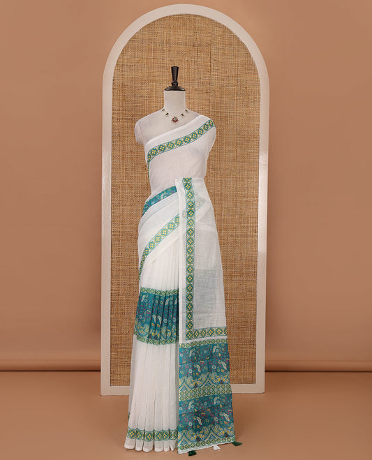 White half-plain & half-printed linen cotton saree, ramar-color diamond-patterned border, kalamkari-style flora-fauna printed pallu & diamond jaal printed blouse