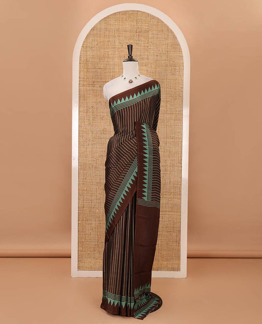 Brown vertical stripes printed Turkey crepe saree, temple printed border, geometric printed pallu & Ajrakh-printed blouse