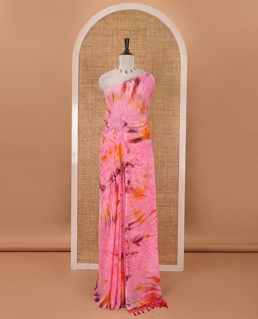 Borderless pink shibori-style printed & sequins work marble chiffon saree, self-pallu with tassels & contrast embroidered blouse