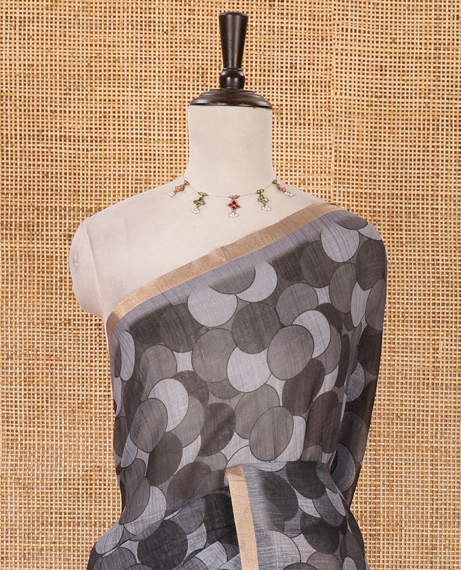 Grey polka dots printed linen cotton saree, piping border, kalamkari floral-peacock printed pallu & small polka dots printed blouse