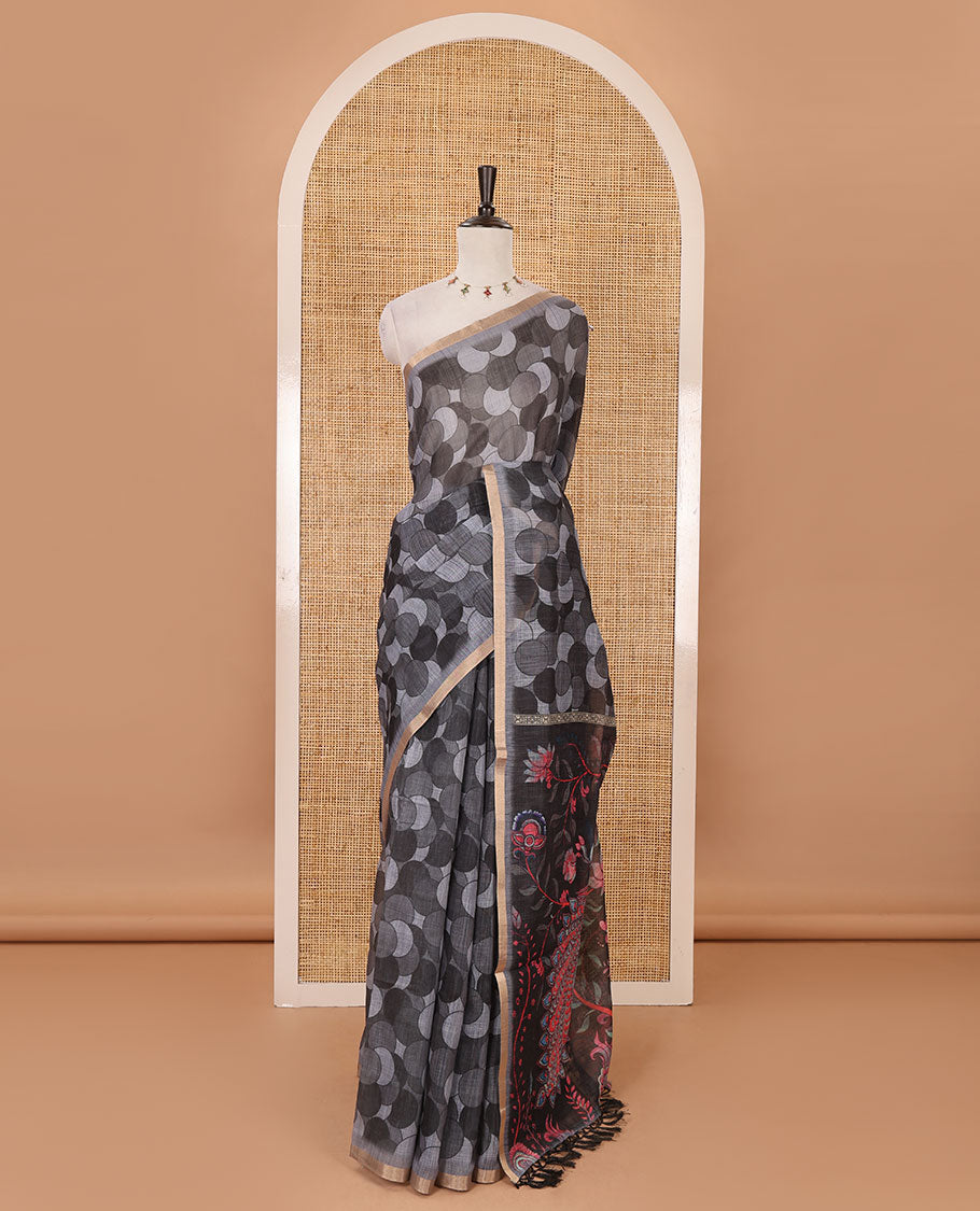 Grey polka dots printed linen cotton saree, piping border, kalamkari floral-peacock printed pallu & small polka dots printed blouse