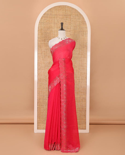 Rani pink full-plain Fendy satin saree, scallop floral micro-stone embroidered border, self-pallu & contrast stone work blouse