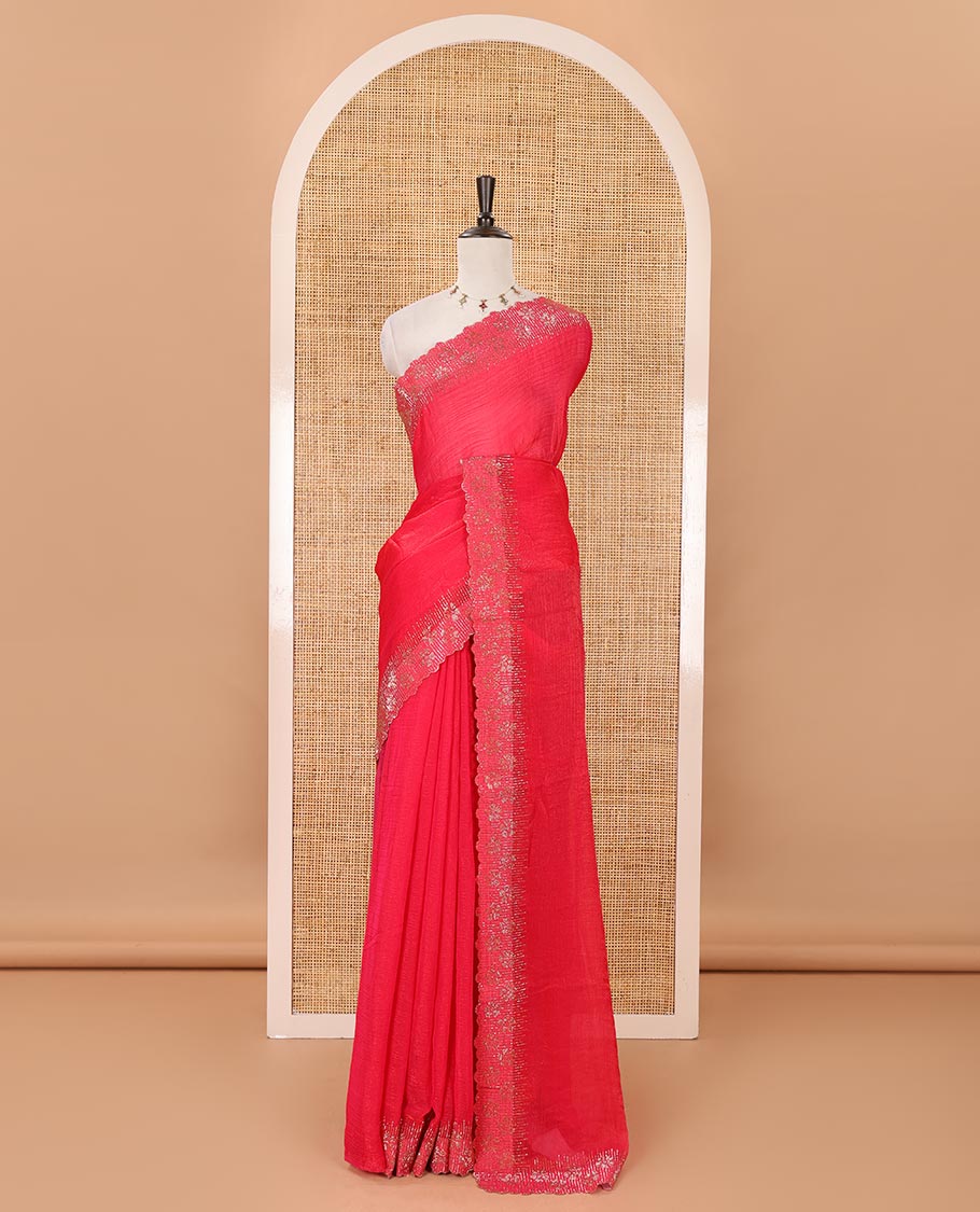 Rani pink full-plain Fendy satin saree, scallop floral micro-stone embroidered border, self-pallu & contrast stone work blouse