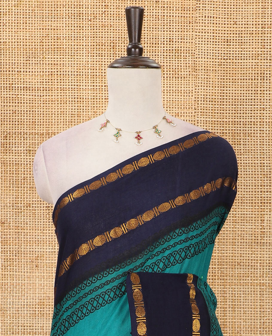 Rama green kolam motifs printed Sungudi cotton saree, contrast rettai pettu rudraksham motif border, striped pallu & contrast zari checked blouse