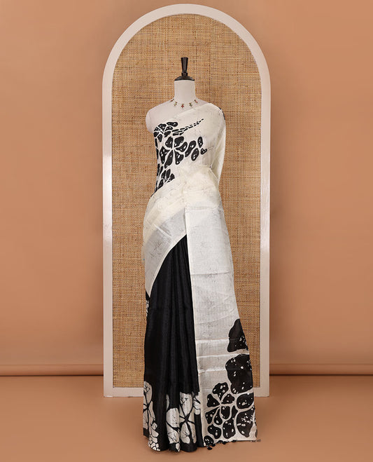 Borderless white-black batik-style floral big printed khadi cotton saree, purple batik printed blouse