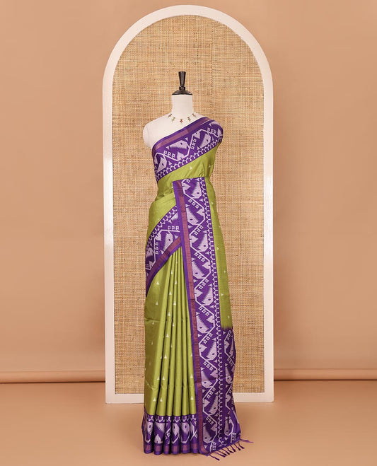 Parrot green temple buttas katan silk saree, contrast border & pallu of jamdani-style motifs & diamond motifs printed contrast blouse