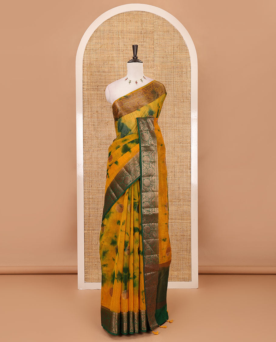 Yellow all over zari butta with shibori-style printed jute cotton saree, contrast zari border, zari line weaving pallu & contrast blouse