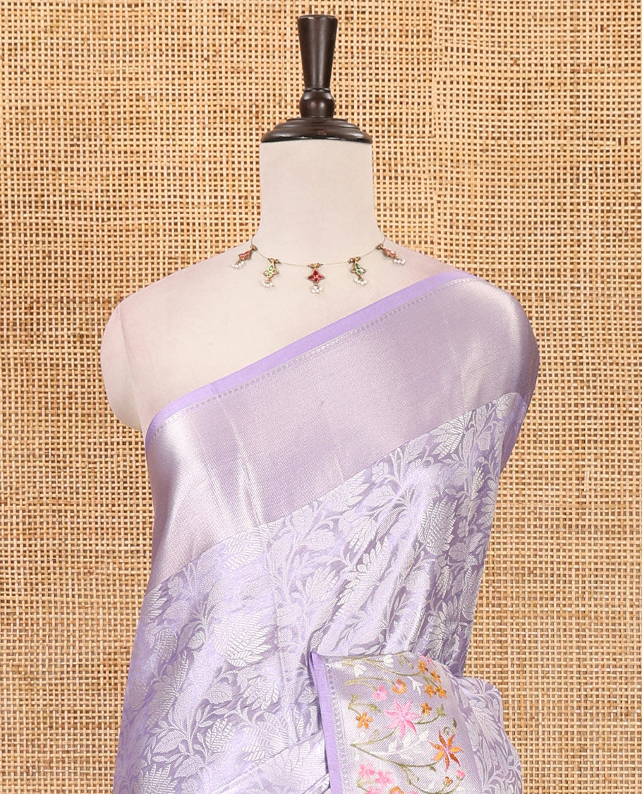 Lavender floral jaal jacquard celebrity tissue saree, zari border of multi-color floral motifs embroidery, jaal pallu & brocade blouse