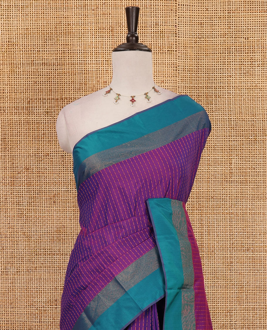 Violet plus thread buttas semi-soft saree, contrast zari satin border, striped pallu & contrast plain blouse