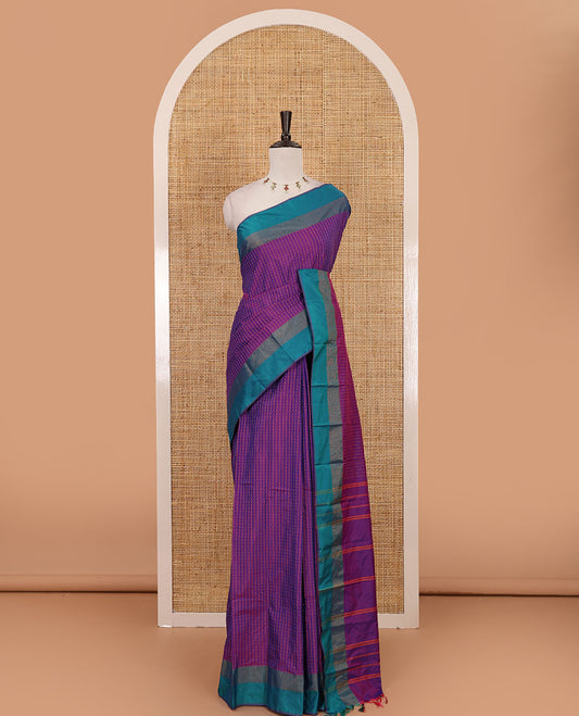 Violet plus thread buttas semi-soft saree, contrast zari satin border, striped pallu & contrast plain blouse